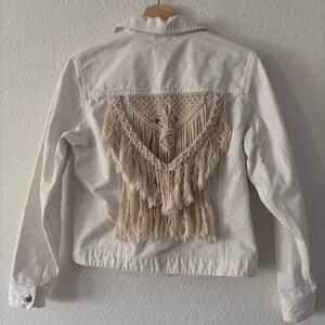 Upcycled macrame denim jacket
